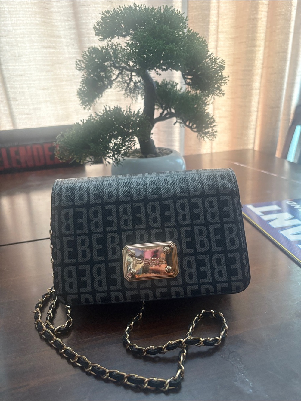 bebe Black Logo-Print Chain Crossbody Bag with Gold Plaque